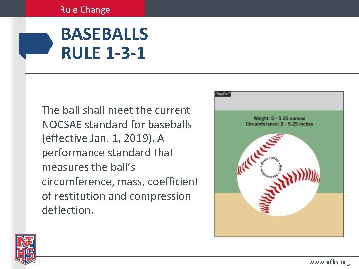 Rule Change BASEBALLS RULE 1 -3 -1 The ball shall meet the current NOCSAE