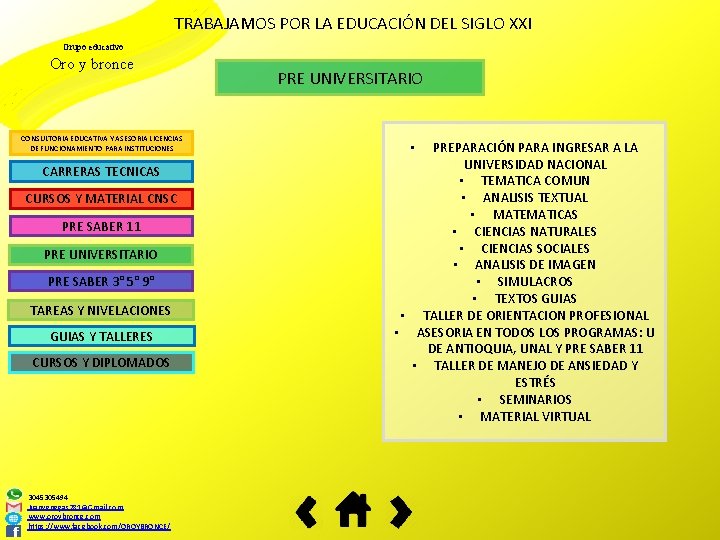 TRABAJAMOS POR LA EDUCACIÓN DEL SIGLO XXI Grupo educativo Oro y bronce CONSULTORIA EDUCATIVA