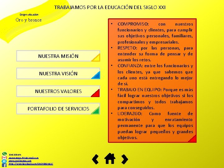 TRABAJAMOS POR LA EDUCACIÓN DEL SIGLO XXI Grupo educativo Oro y bronce • •