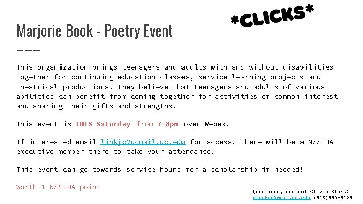 Marjorie Book - Poetry Event This organization brings teenagers and adults with and without