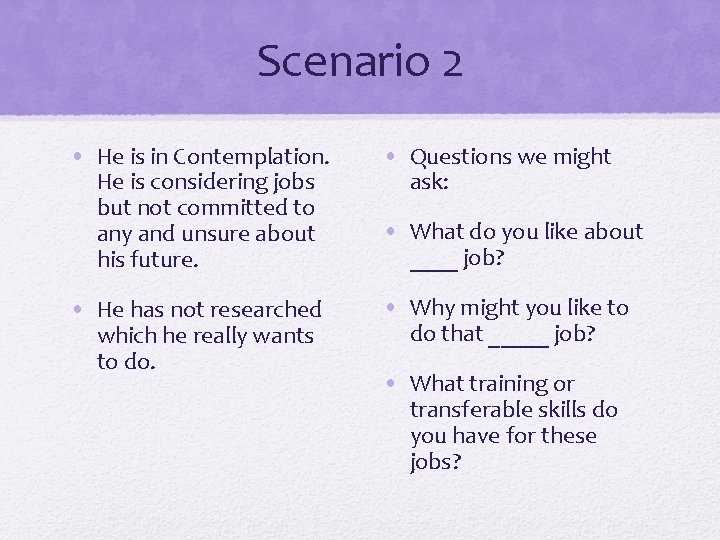 Scenario 2 • He is in Contemplation. He is considering jobs but not committed