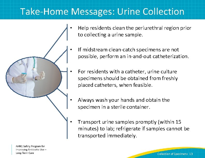 Take-Home Messages: Urine Collection • Help residents clean the periurethral region prior to collecting