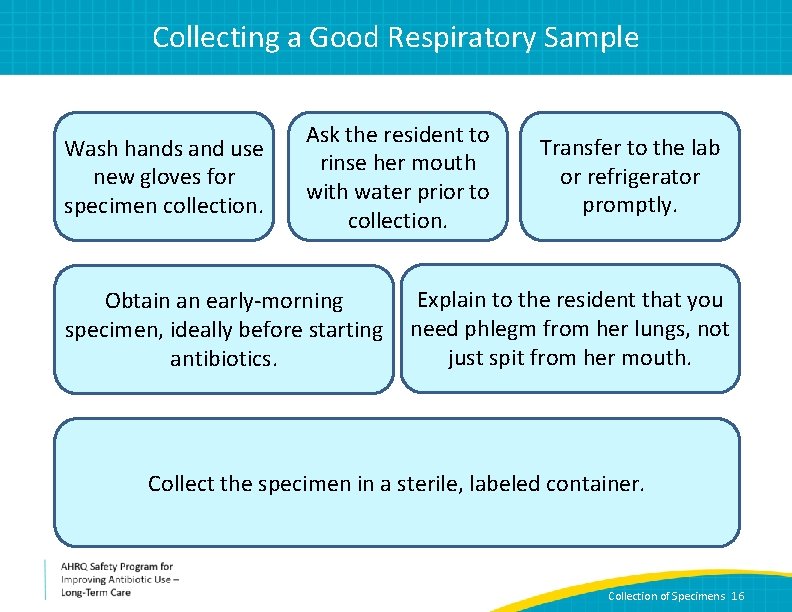 Collecting a Good Respiratory Sample Wash hands and use new gloves for specimen collection.