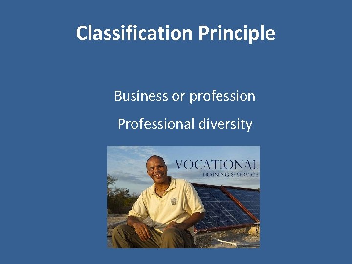 Classification Principle Business or profession Professional diversity 