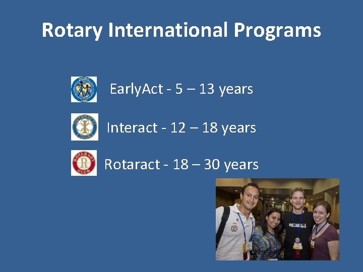 Rotary International Programs Early. Act - 5 – 13 years Interact - 12 –
