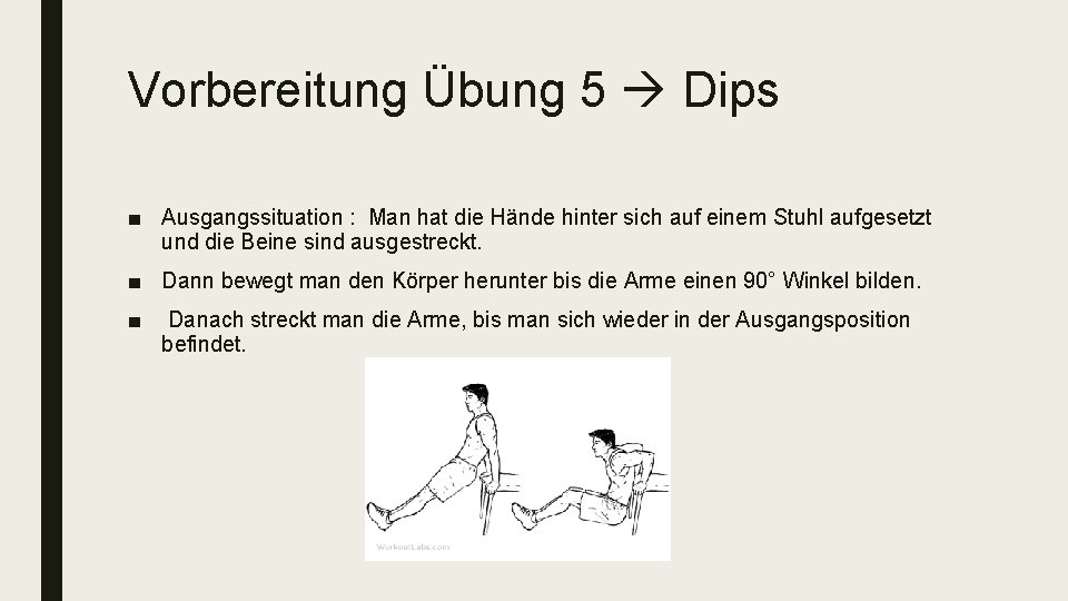 Vorbereitung Übung 5 Dips ■ Ausgangssituation : Man hat die Hände hinter sich auf