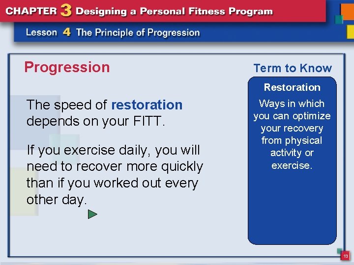 Progression Term to Know Restoration The speed of restoration depends on your FITT. If