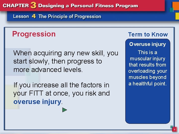 Progression Term to Know Overuse injury When acquiring any new skill, you start slowly,