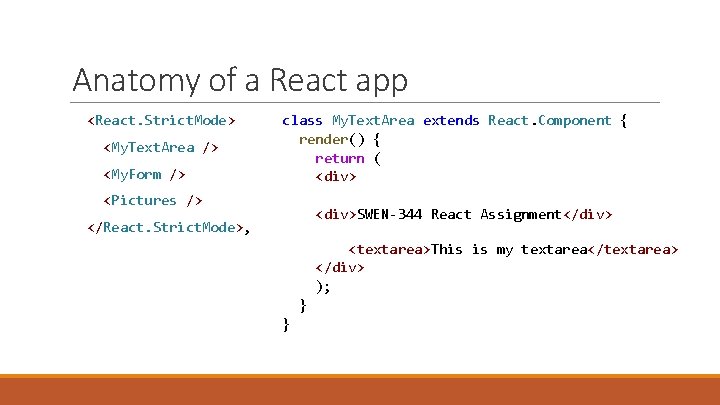 Anatomy of a React app <React. Strict. Mode> <My. Text. Area /> <My. Form