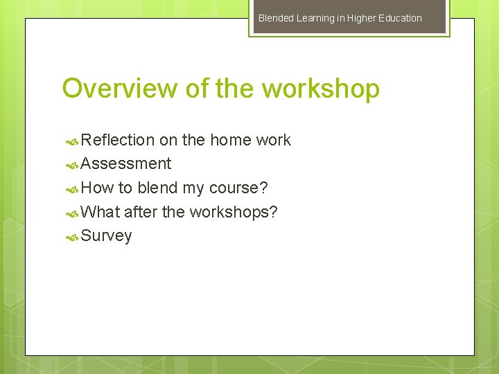 Blended Learning in Higher Education Overview of the workshop Reflection on the home work