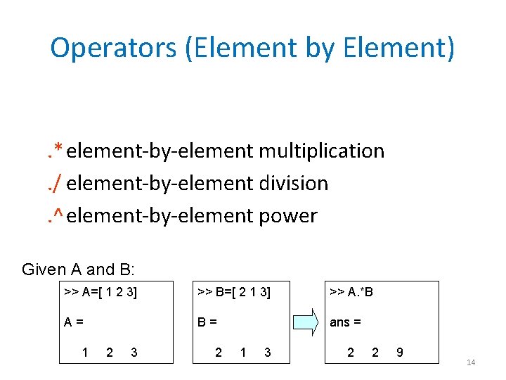 Operators (Element by Element). *element-by-element multiplication. / element-by-element division. ^element-by-element power Given A and
