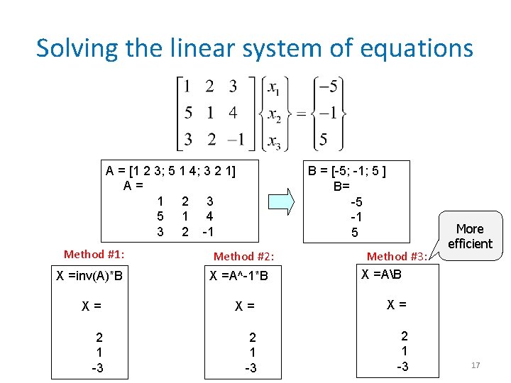 Solving the linear system of equations A = [1 2 3; 5 1 4;