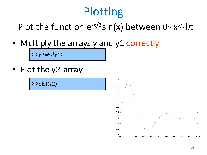 Plotting Plot the function e-x/3 sin(x) between 0≤x≤ 4π • Multiply the arrays y