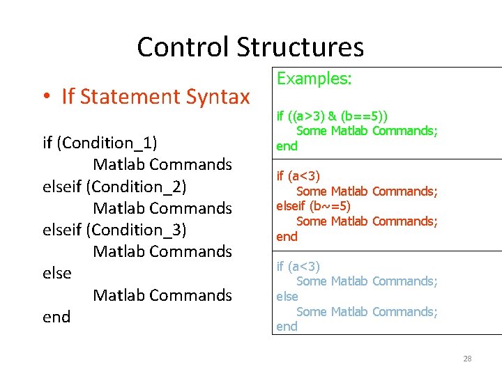 Control Structures • If Statement Syntax if (Condition_1) Matlab Commands elseif (Condition_2) Matlab Commands