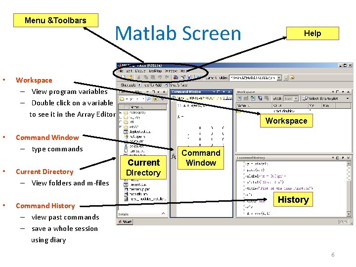 Menu &Toolbars • • Matlab Screen Workspace – View program variables – Double click