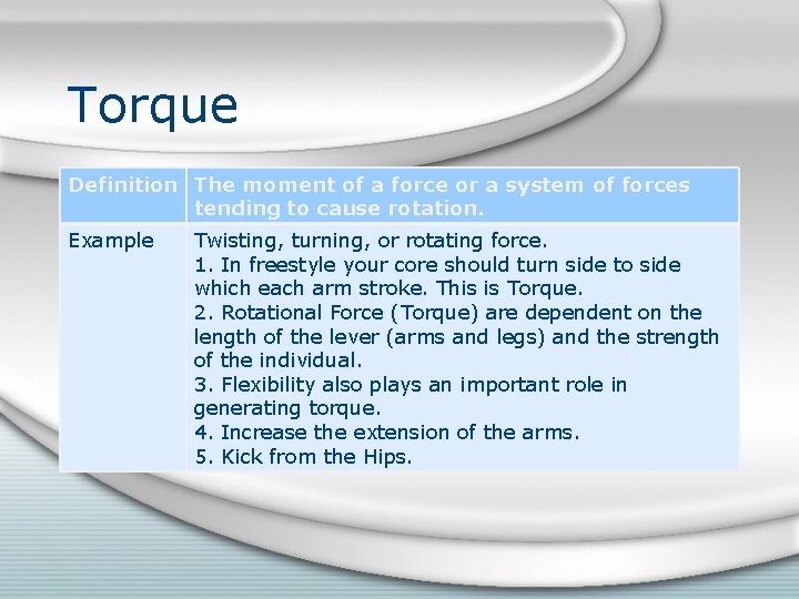 Torque Definition The moment of a force or a system of forces tending to