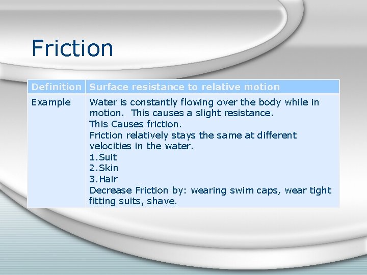 Friction Definition Surface resistance to relative motion Example Water is constantly flowing over the