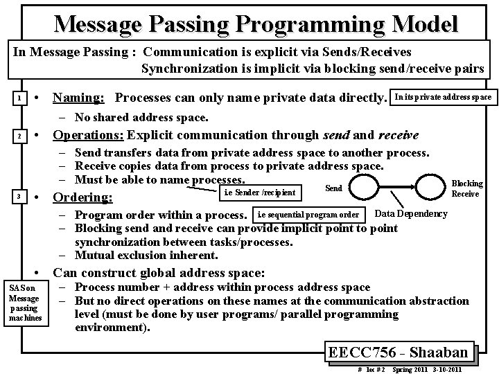 Message Passing Programming Model In Message Passing : Communication is explicit via Sends/Receives Synchronization