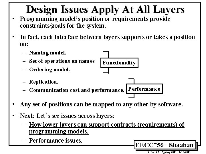 Design Issues Apply At All Layers • Programming model’s position or requirements provide constraints/goals