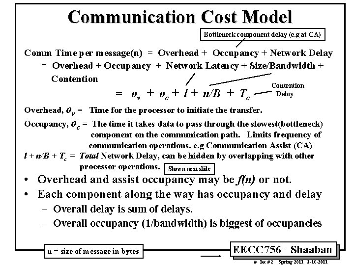 Communication Cost Model Bottleneck component delay (e. g at CA) Comm Time per message(n)