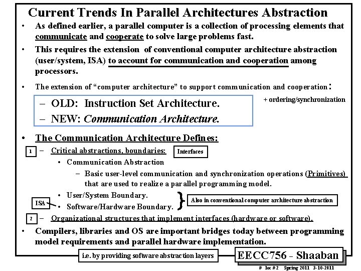 Current Trends In Parallel Architectures Abstraction • • As defined earlier, a parallel computer