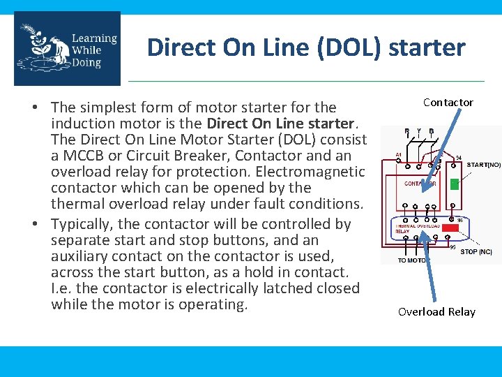 Direct On Line (DOL) starter • The simplest form of motor starter for the
