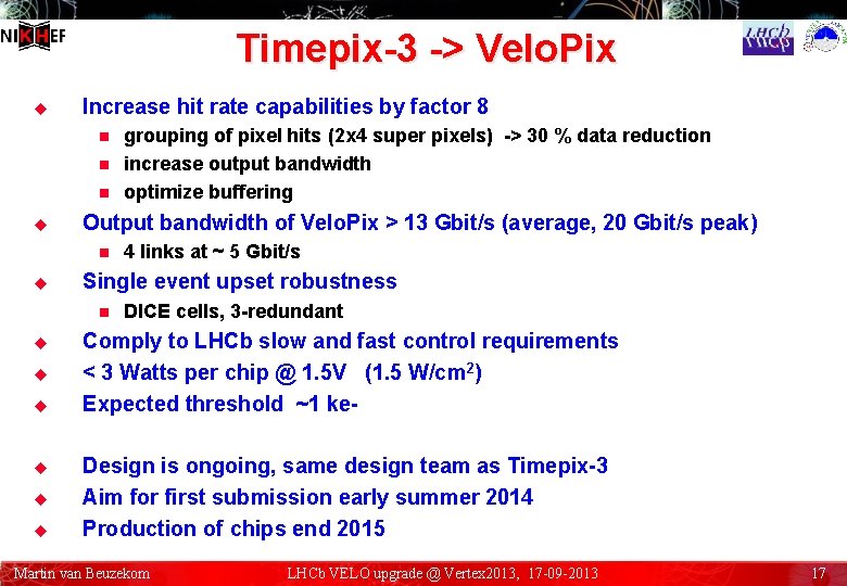 Timepix-3 -> Velo. Pix u Increase hit rate capabilities by factor 8 n n