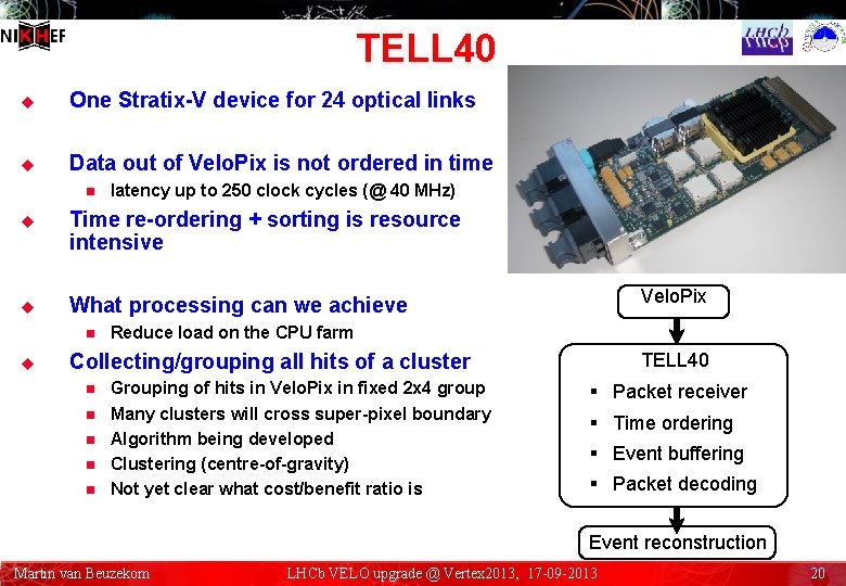 TELL 40 u One Stratix-V device for 24 optical links u Data out of