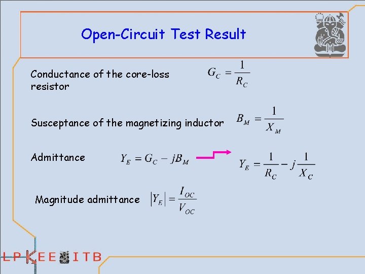 Open-Circuit Test Result Conductance of the core-loss resistor Susceptance of the magnetizing inductor Admittance