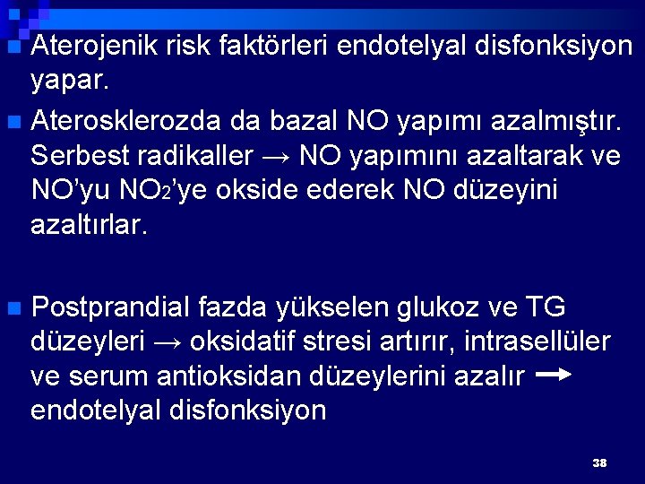 Aterojenik risk faktörleri endotelyal disfonksiyon yapar. n Aterosklerozda da bazal NO yapımı azalmıştır. Serbest