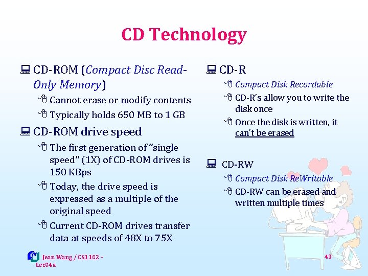 CD Technology : CD-ROM (Compact Disc Read. Only Memory) 8 Cannot erase or modify