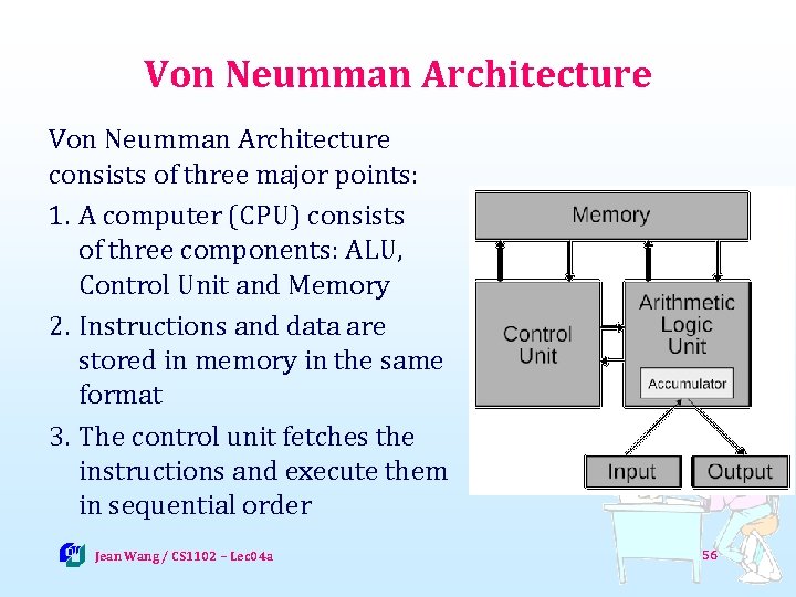 Von Neumman Architecture consists of three major points: 1. A computer (CPU) consists of