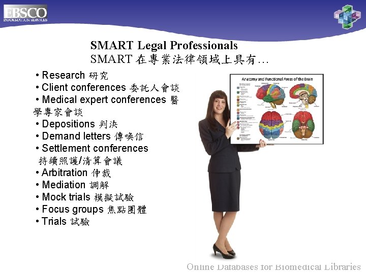 SMART Legal Professionals SMART 在專業法律領域上具有… • Research 研究 • Client conferences 委託人會談 • Medical