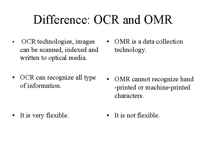 Difference: OCR and OMR • OCR technologies, images can be scanned, indexed and written