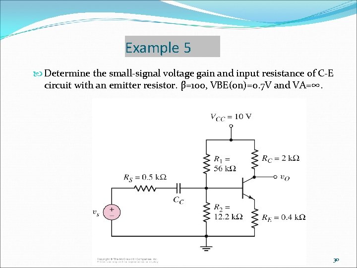 Example 5 Determine the small-signal voltage gain and input resistance of C-E circuit with