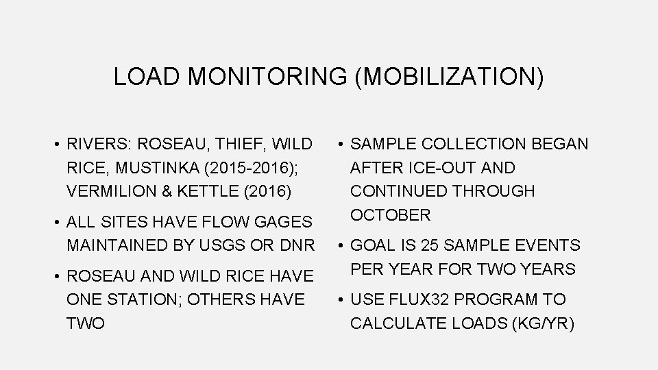 LOAD MONITORING (MOBILIZATION) • RIVERS: ROSEAU, THIEF, WILD RICE, MUSTINKA (2015 -2016); VERMILION &