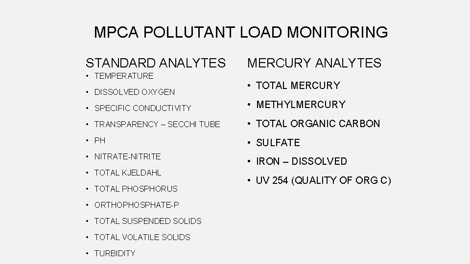 MPCA POLLUTANT LOAD MONITORING STANDARD ANALYTES • TEMPERATURE • DISSOLVED OXYGEN MERCURY ANALYTES •