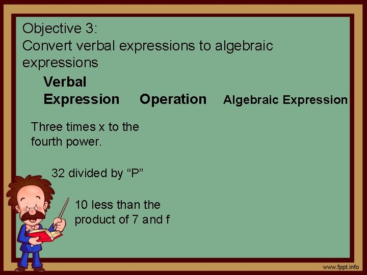 Objective 3: Convert verbal expressions to algebraic expressions Verbal Expression Operation Algebraic Expression Three