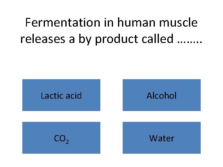 Fermentation in human muscle releases a by product called ……. . Lactic acid Alcohol