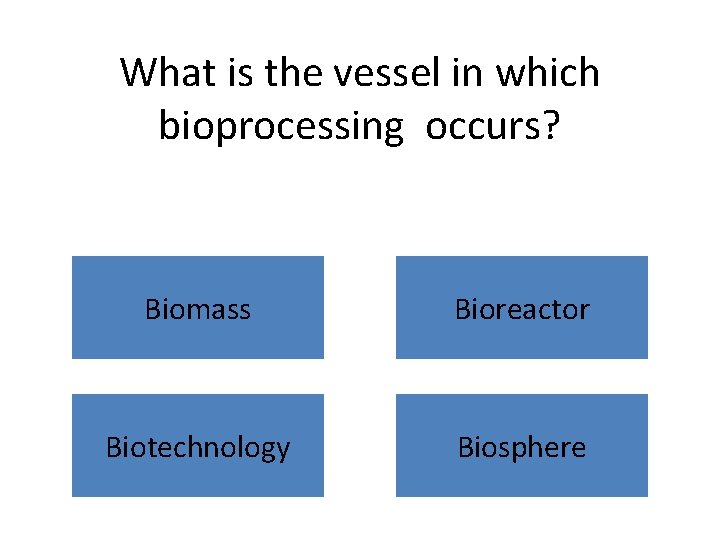 What is the vessel in which bioprocessing occurs? Biomass Bioreactor Biotechnology Biosphere 