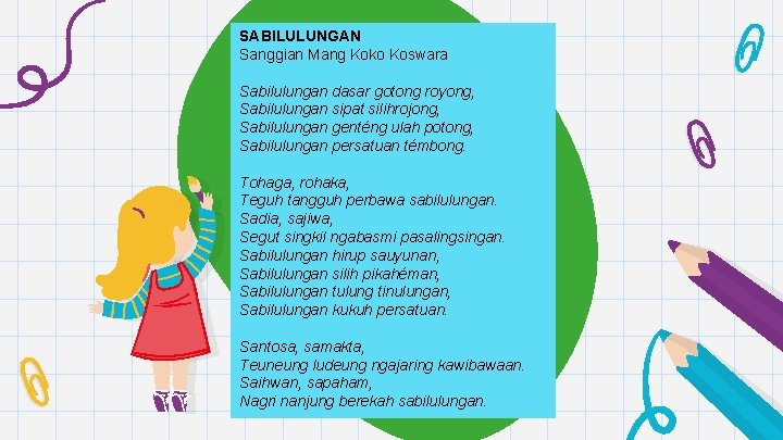 SABILULUNGAN Sanggian Mang Koko Koswara Sabilulungan dasar gotong royong, Sabilulungan sipat silihrojong, Sabilulungan genténg
