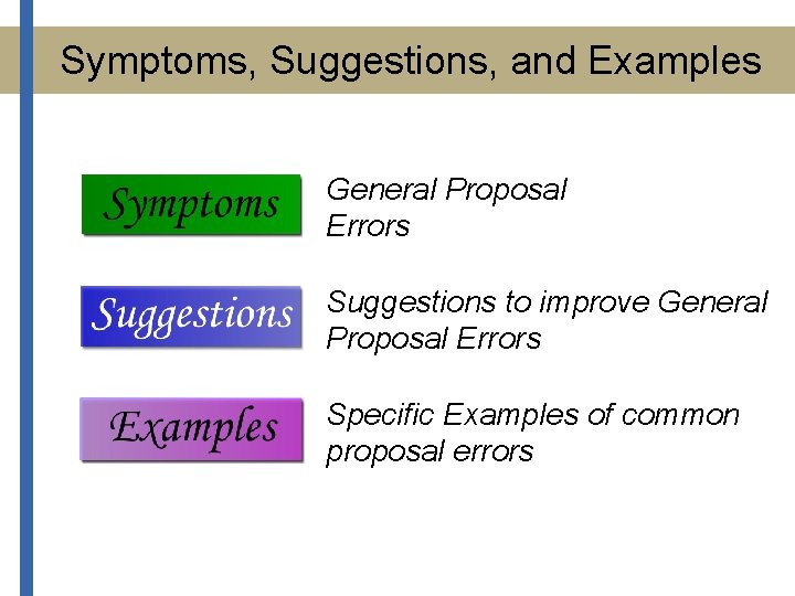 Symptoms, Suggestions, and Examples General Proposal Errors Suggestions to improve General Proposal Errors Specific