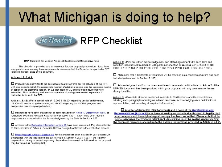What Michigan is doing to help? RFP Checklist 
