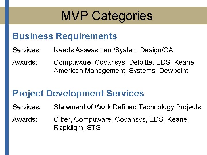 MVP Categories Business Requirements Services: Needs Assessment/System Design/QA Awards: Compuware, Covansys, Deloitte, EDS, Keane,