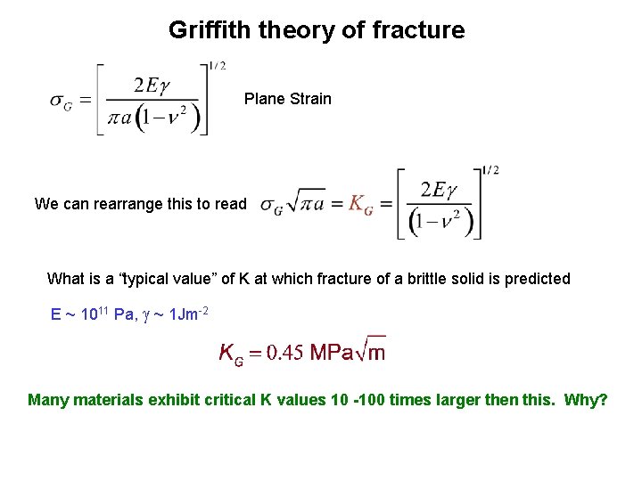 Griffith theory of fracture Plane Strain We can rearrange this to read What is