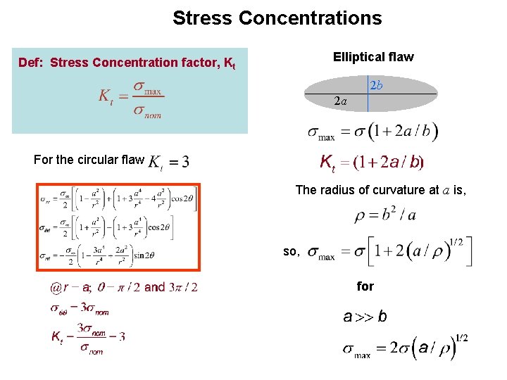 Stress Concentrations Elliptical flaw Def: Stress Concentration factor, Kt 2 b 2 a For
