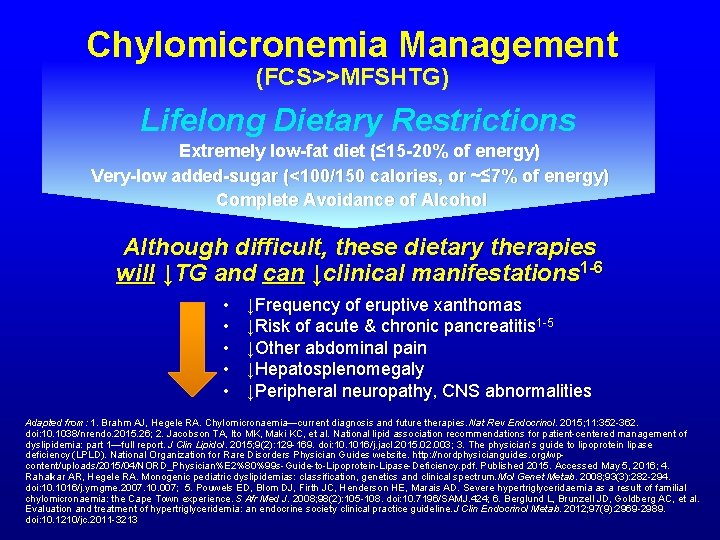 Chylomicronemia Management (FCS>>MFSHTG) Lifelong Dietary Restrictions Extremely low-fat diet (≤ 15 -20% of energy)