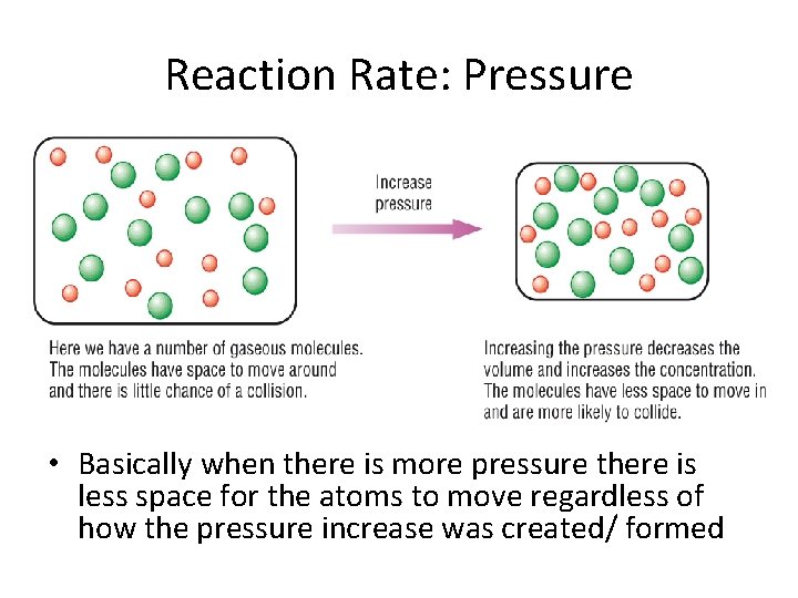 Reaction Rate: Pressure • Basically when there is more pressure there is less space