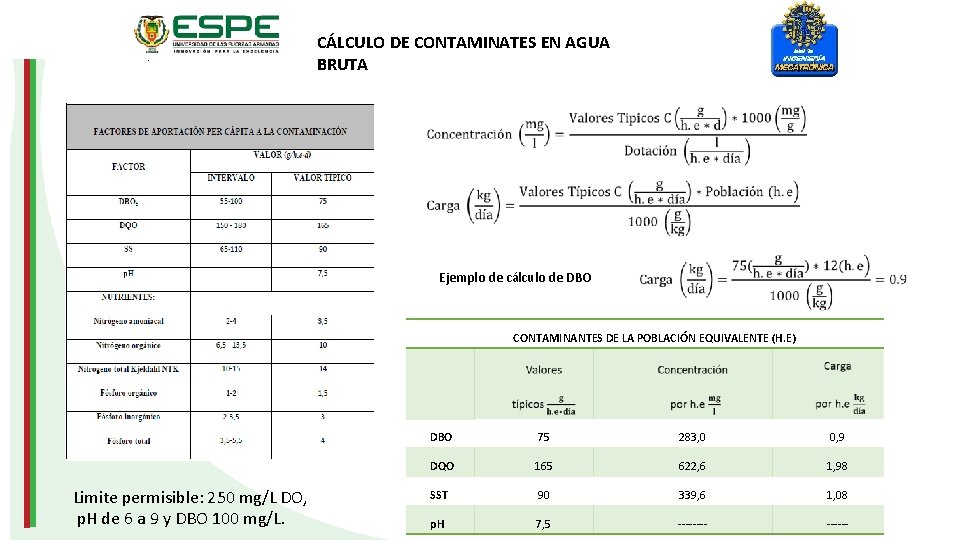 . CÁLCULO DE CONTAMINATES EN AGUA BRUTA Ejemplo de cálculo de DBO CONTAMINANTES DE