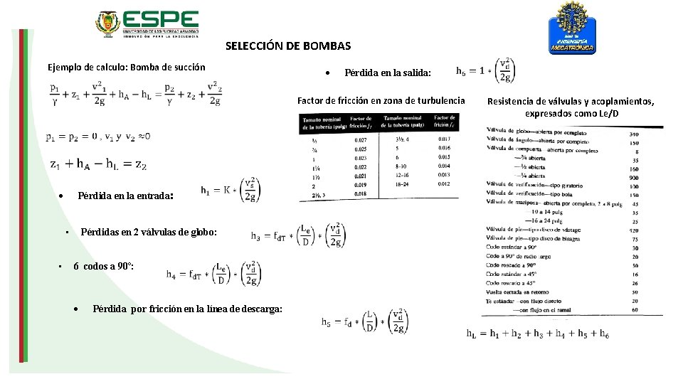 SELECCIÓN DE BOMBAS Ejemplo de calculo: Bomba de succión Pérdida en la salida: Factor